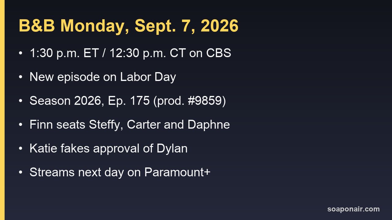 The Bold and the Beautiful air times and episode number for Monday, Sept. 7, 2026