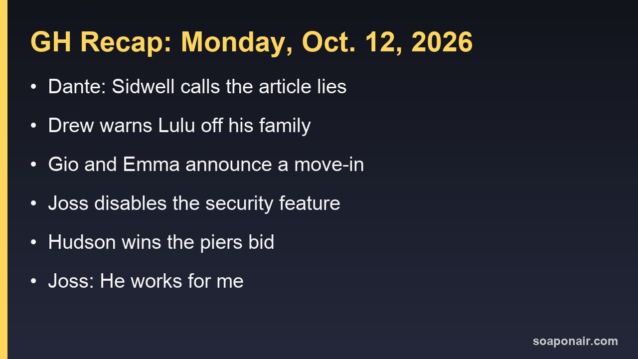 General Hospital Recap Monday, October 12, 2026: Josslyn Wins the Piers Through Hudson