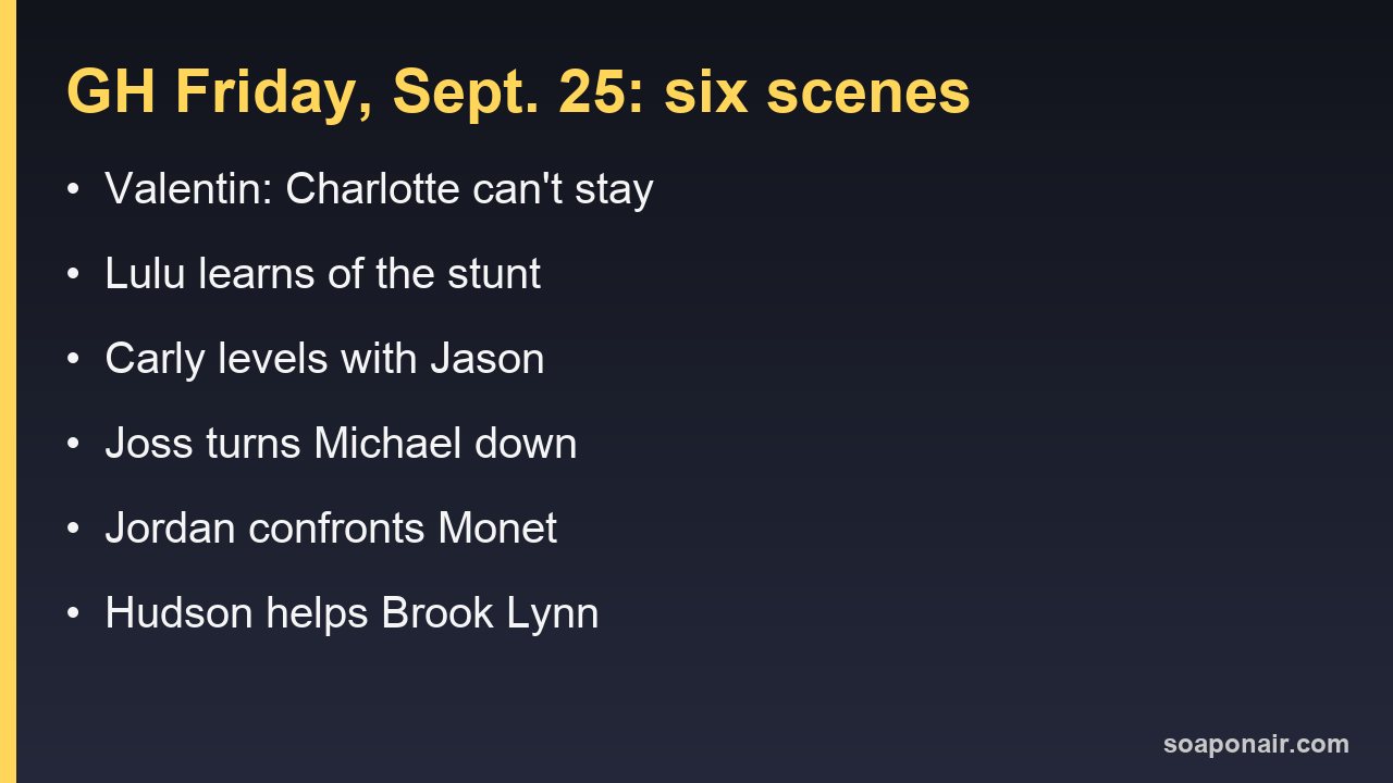 General Hospital Friday, Sept. 25, 2026: six scenes at a glance