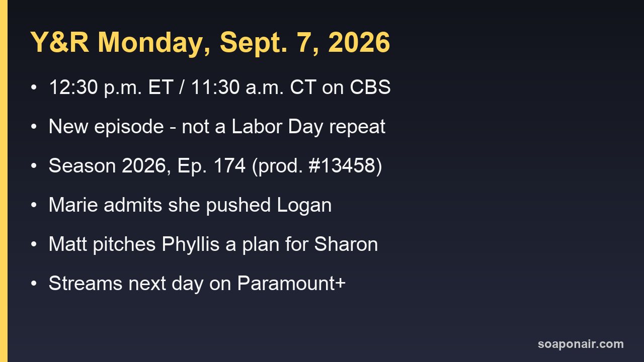 The Young and the Restless air times and episode number for Monday, Sept. 7, 2026
